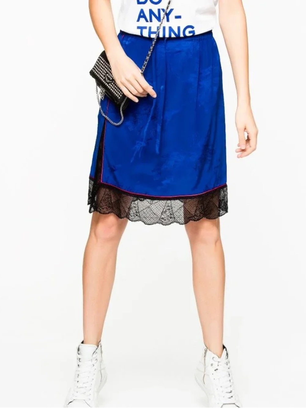 Zadig & Voltaire 100% Silk Blue Jillian Jacquard Midi Slip Skirt Lace Trim 34